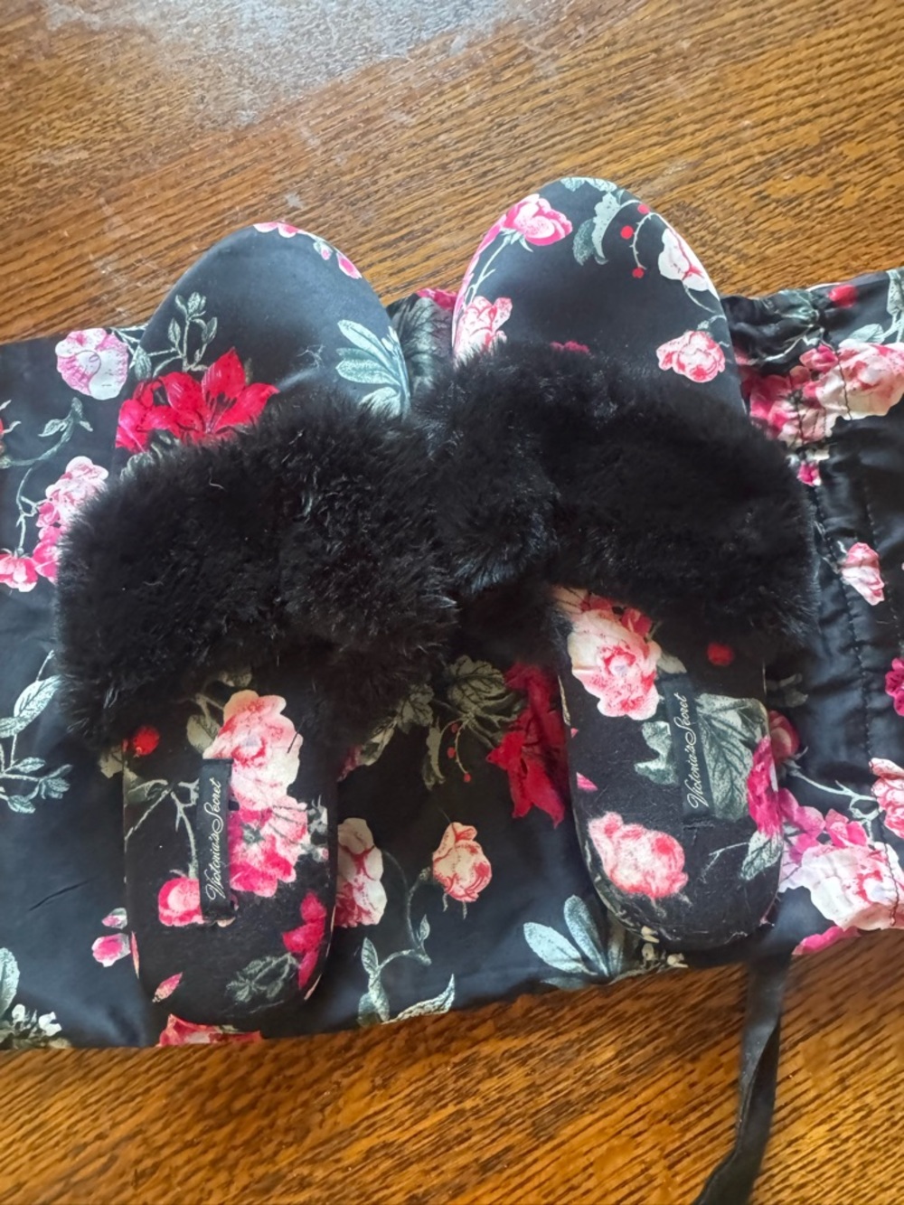 Victoria's Secret Black Floral Fuzzy Slide Slippers